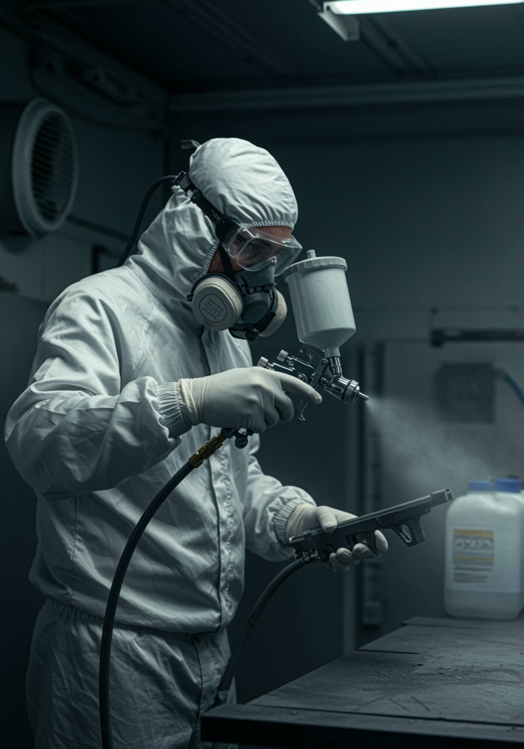 "Técnico blanco aplica recubrimiento cerámico a pieza de arma con pistola de pulverización en taller industrial, resaltando acabado brillante y medidas de seguridad."