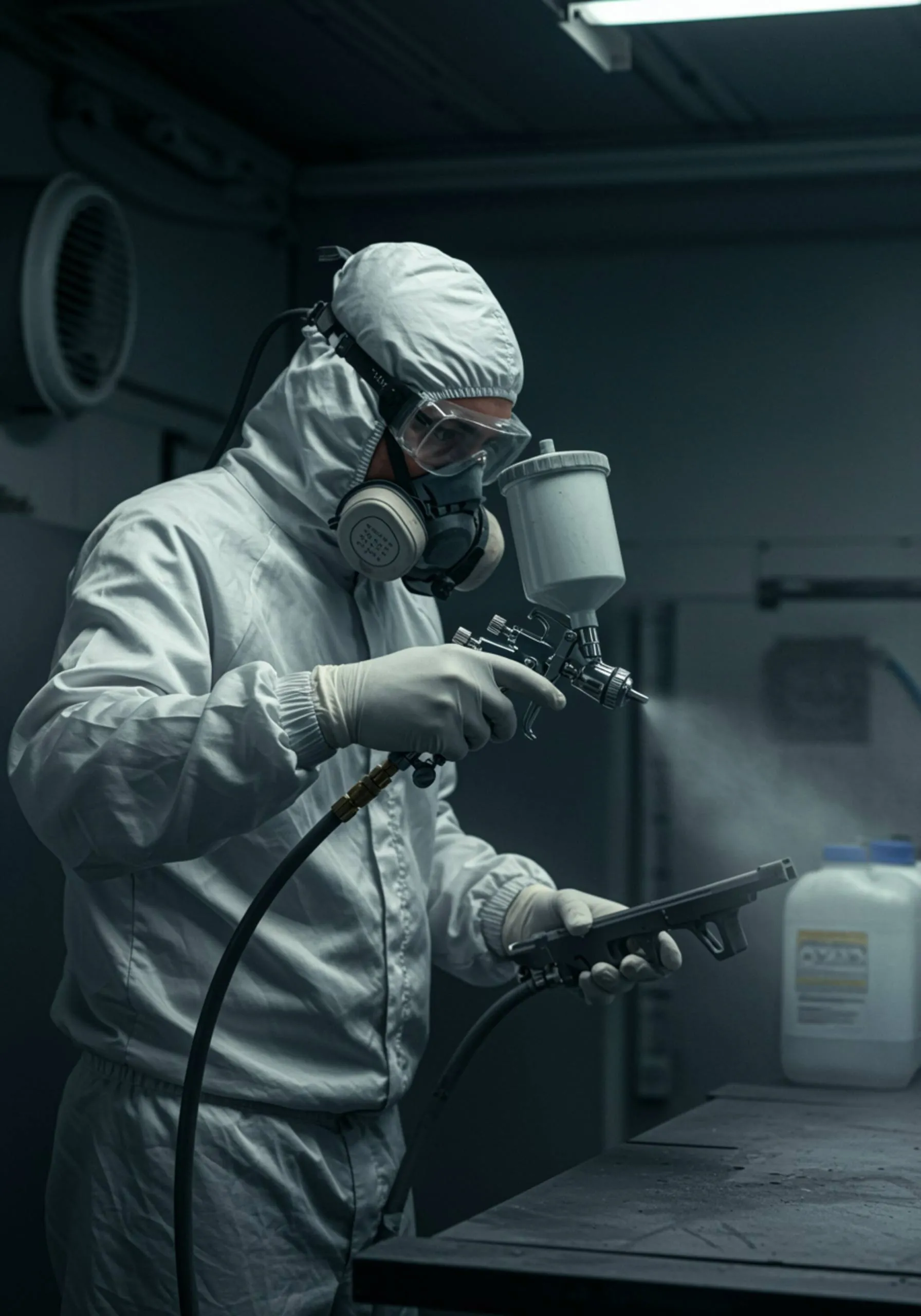 imagen13 "Técnico blanco aplica recubrimiento cerámico a pieza de arma con pistola de pulverización en taller industrial, resaltando acabado brillante y medidas de seguridad."