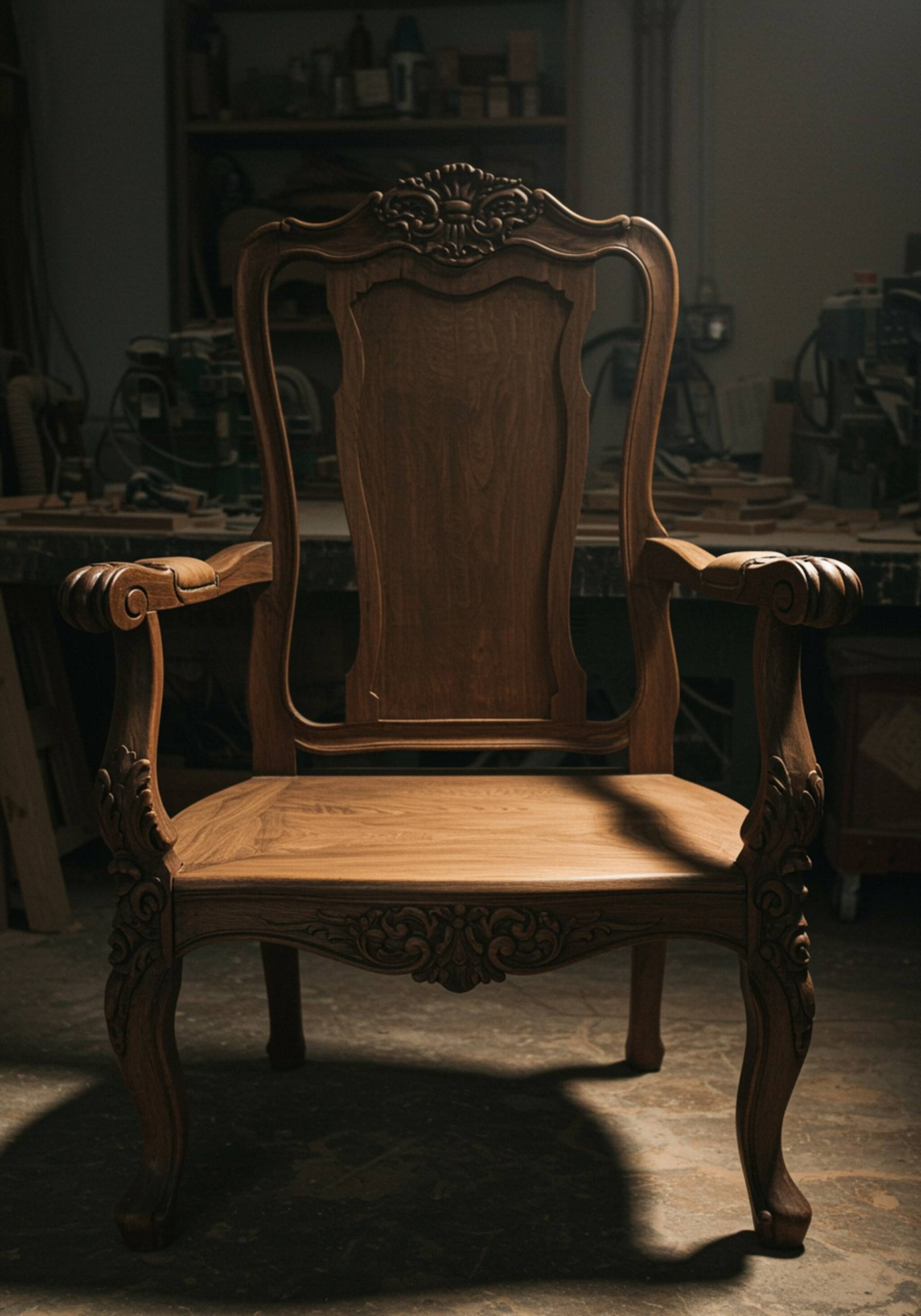 "Restaurada silla de madera antigua con tallados ornamentales en un taller de carpintería iluminado suavemente, destacando su acabado y detalles."