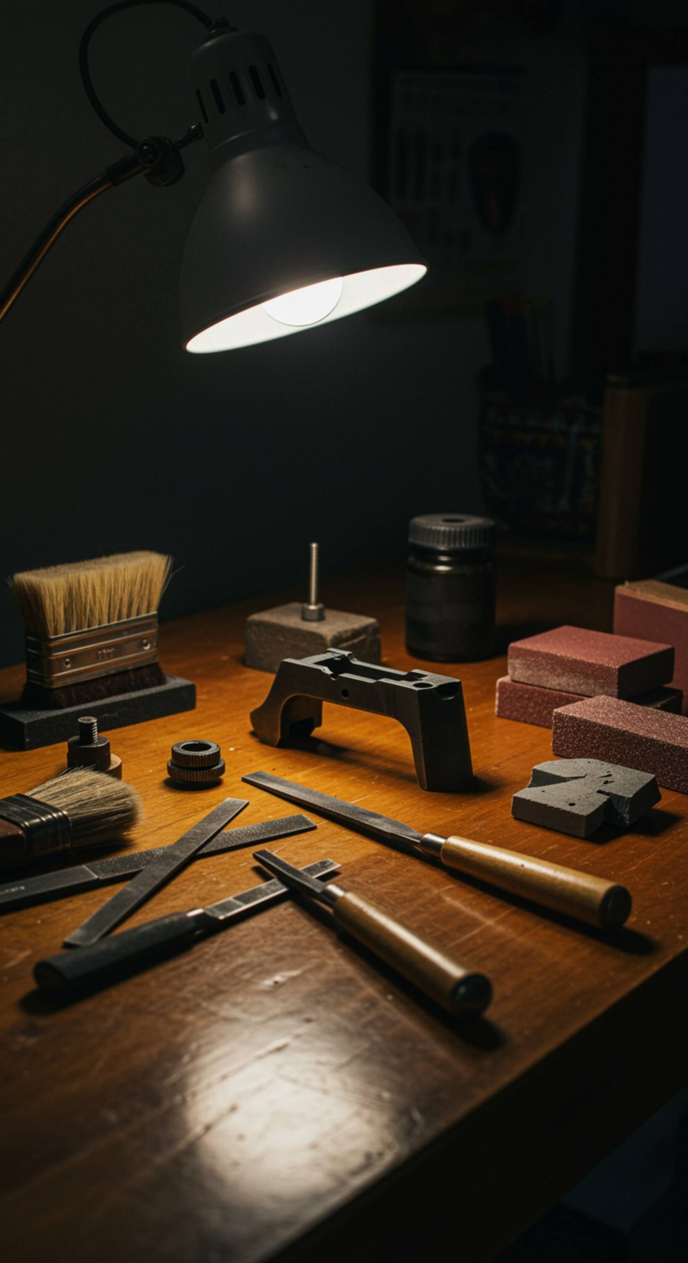 "Collage profesional de herramientas de restauración como cinceles y brochas sobre un banco de trabajo de madera pulida, con piezas de metal limpias y bloques de lijado, iluminado con luz natural suave."