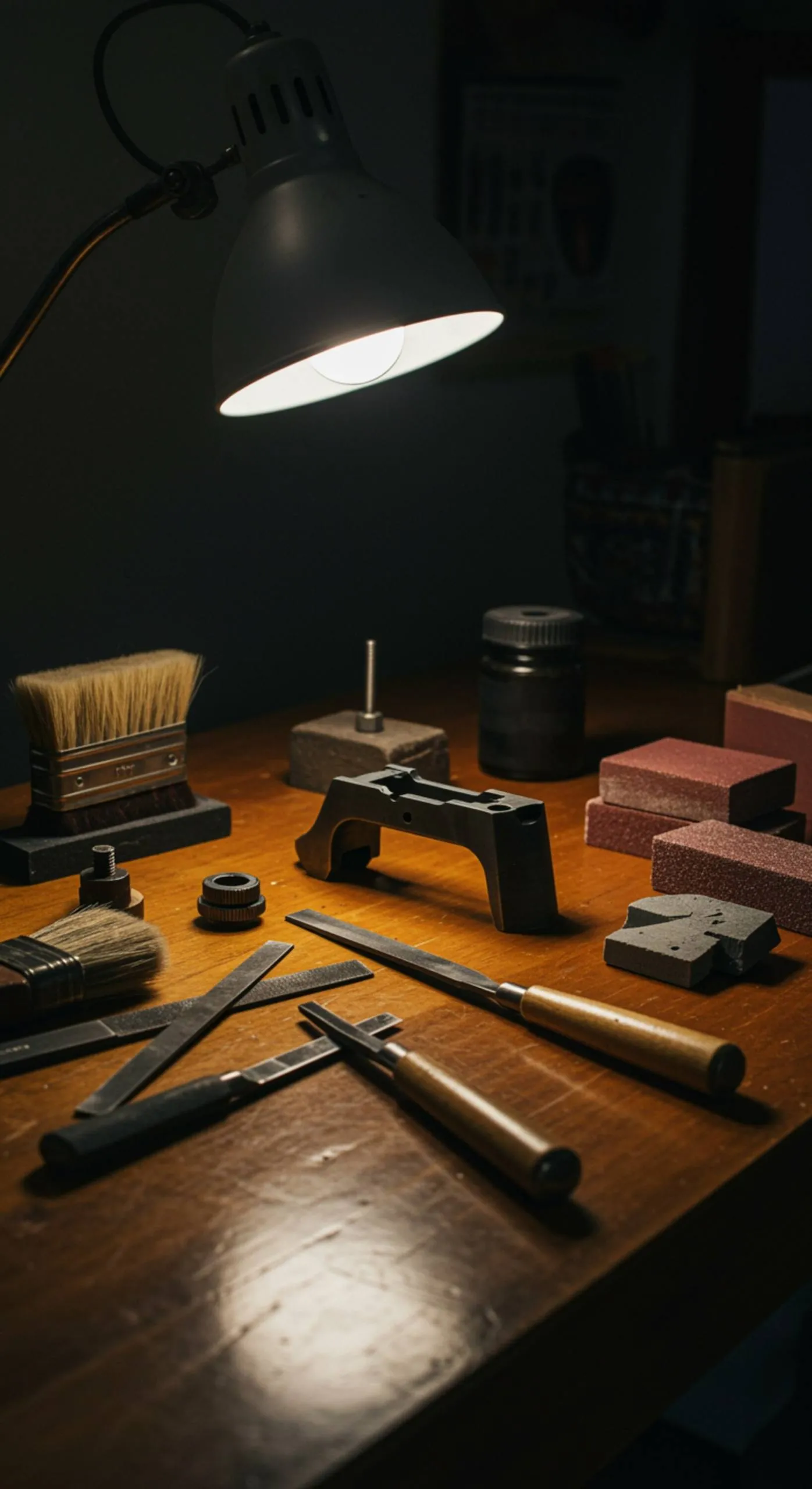 imagen17 "Collage profesional de herramientas de restauración como cinceles y brochas sobre un banco de trabajo de madera pulida, con piezas de metal limpias y bloques de lijado, iluminado con luz natural suave."