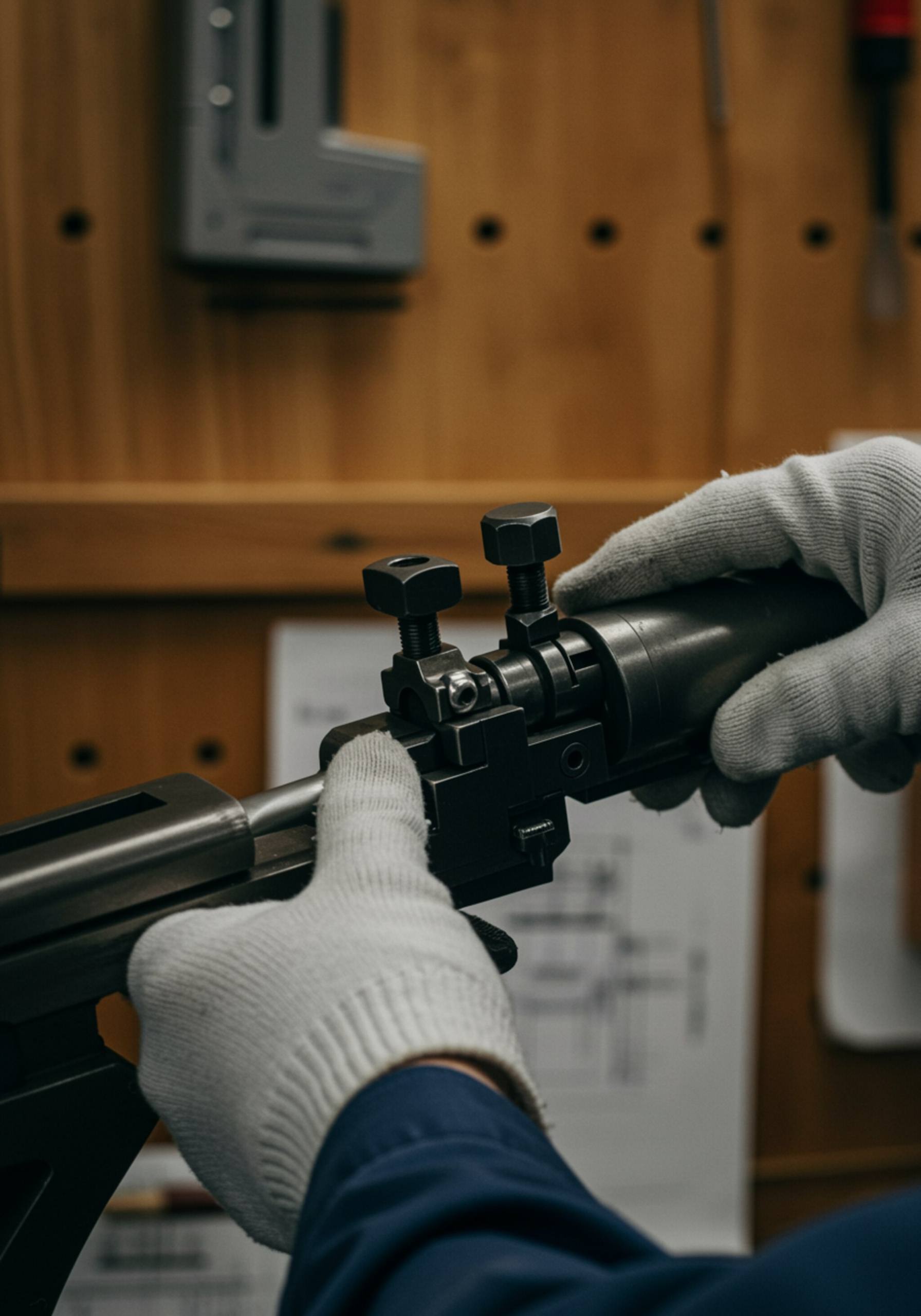 "Close-up de un mecanismo de culata de rifle ajustable en un banco de trabajo, con manos enguantadas afinando piezas metálicas, ideal para ilustrar la artesanía en la industria de armas."