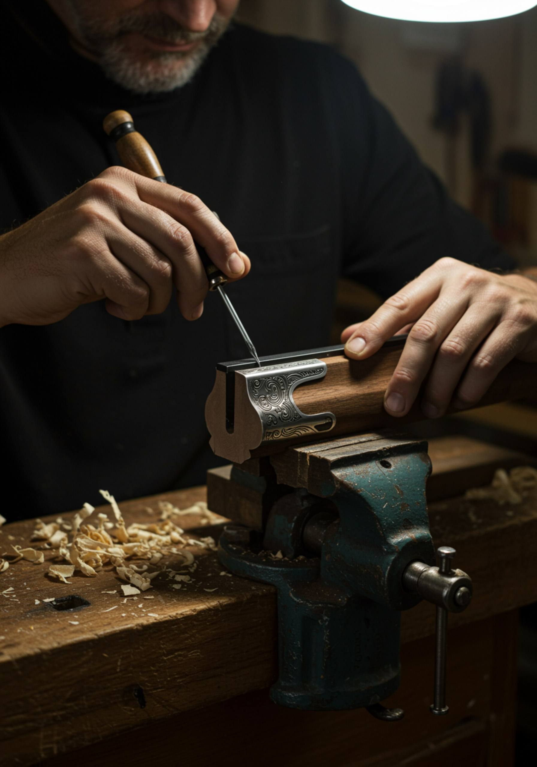 "Artesano experto instalando cantoneras metálicas en una culata de rifle de madera con destornillador, en un entorno de trabajo detallado y bien iluminado."