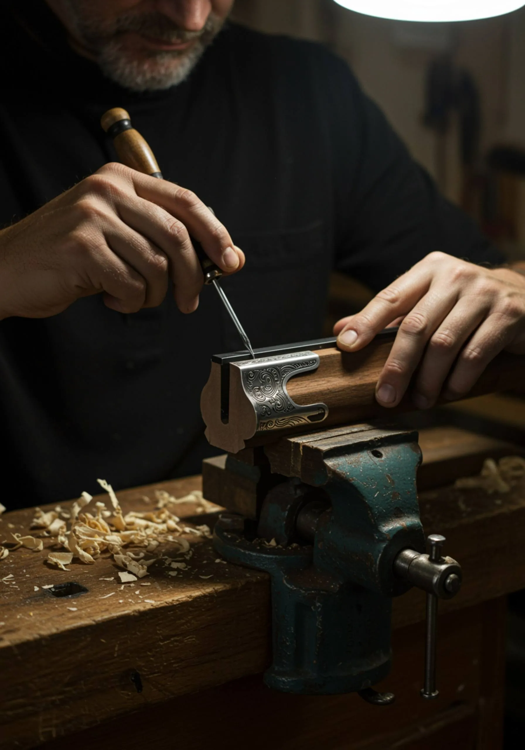 imagen23 "Artesano experto instalando cantoneras metálicas en una culata de rifle de madera con destornillador, en un entorno de trabajo detallado y bien iluminado."