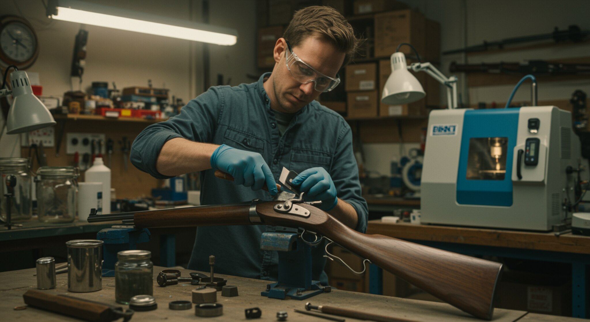 "Artesano restaurando un rifle antiguo en un taller profesional, combinando técnicas tradicionales y tecnología moderna, con un enfoque en la meticulosidad del trabajo."