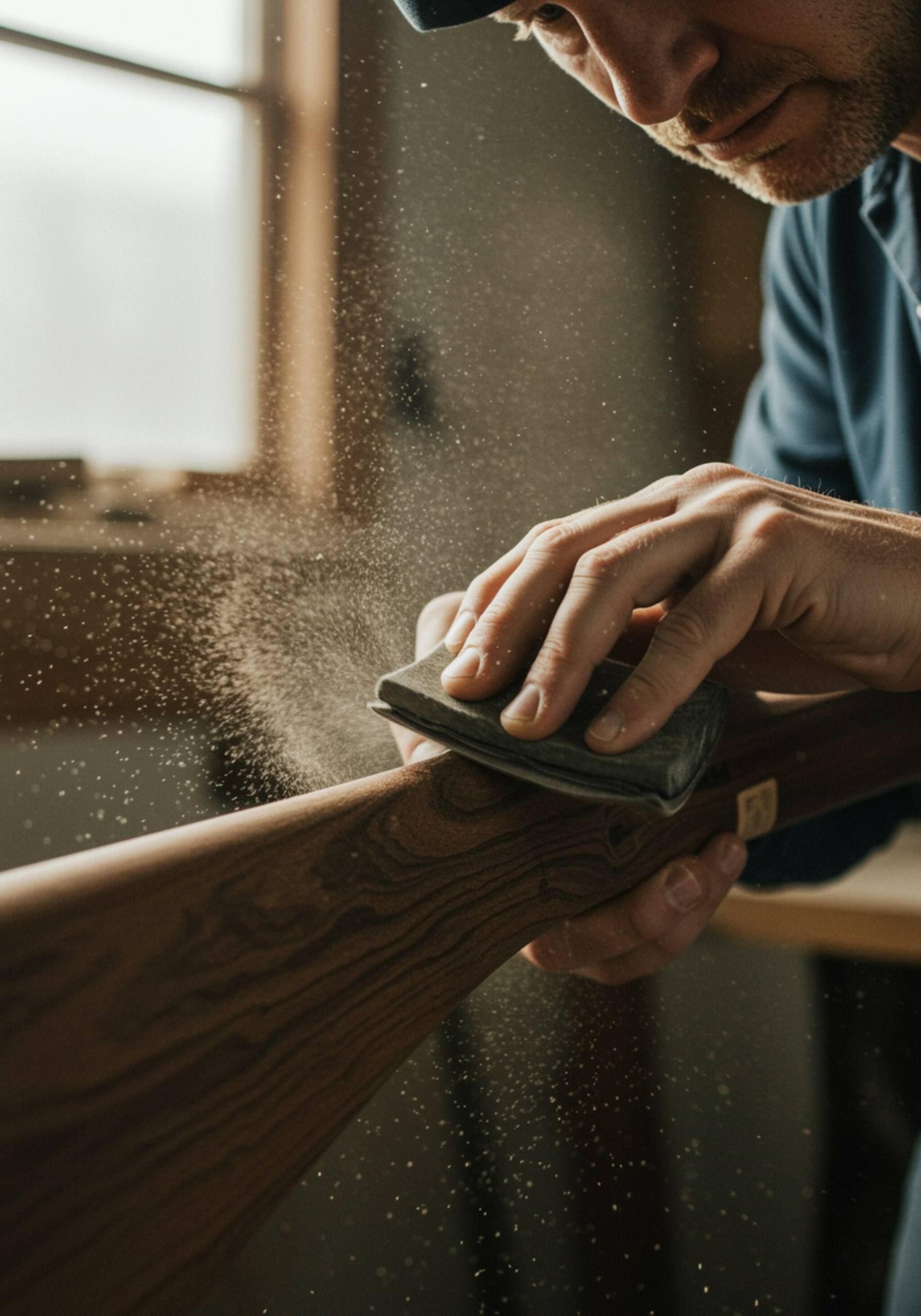"Artesano blanco lijando a mano una culata de rifle de nogal, con partículas de polvo de madera en el aire y luz natural suave en el taller."